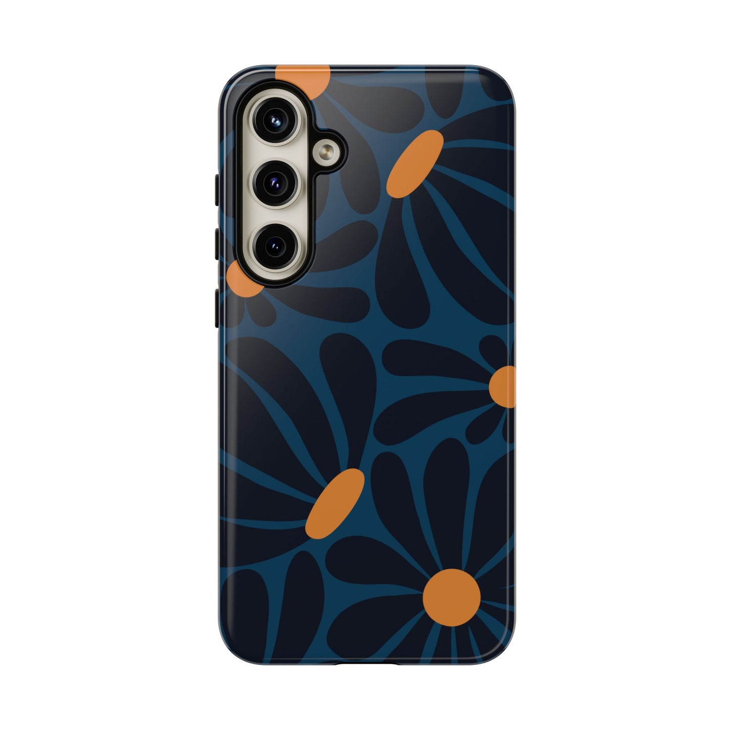 Samsung Galaxy S24 Plus / Glossy Phone Case - ’Dark Blue & Orange Daisy Pattern’ Phone Case