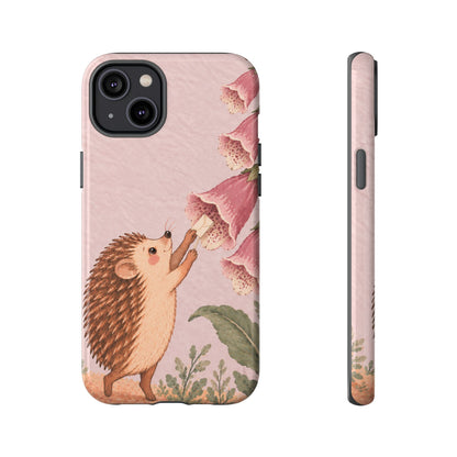 Whimsical Blush Pink Hedgehog and Foxglove Phone Case - Pink Phone Case - iPhone 14 Plus / Glossy