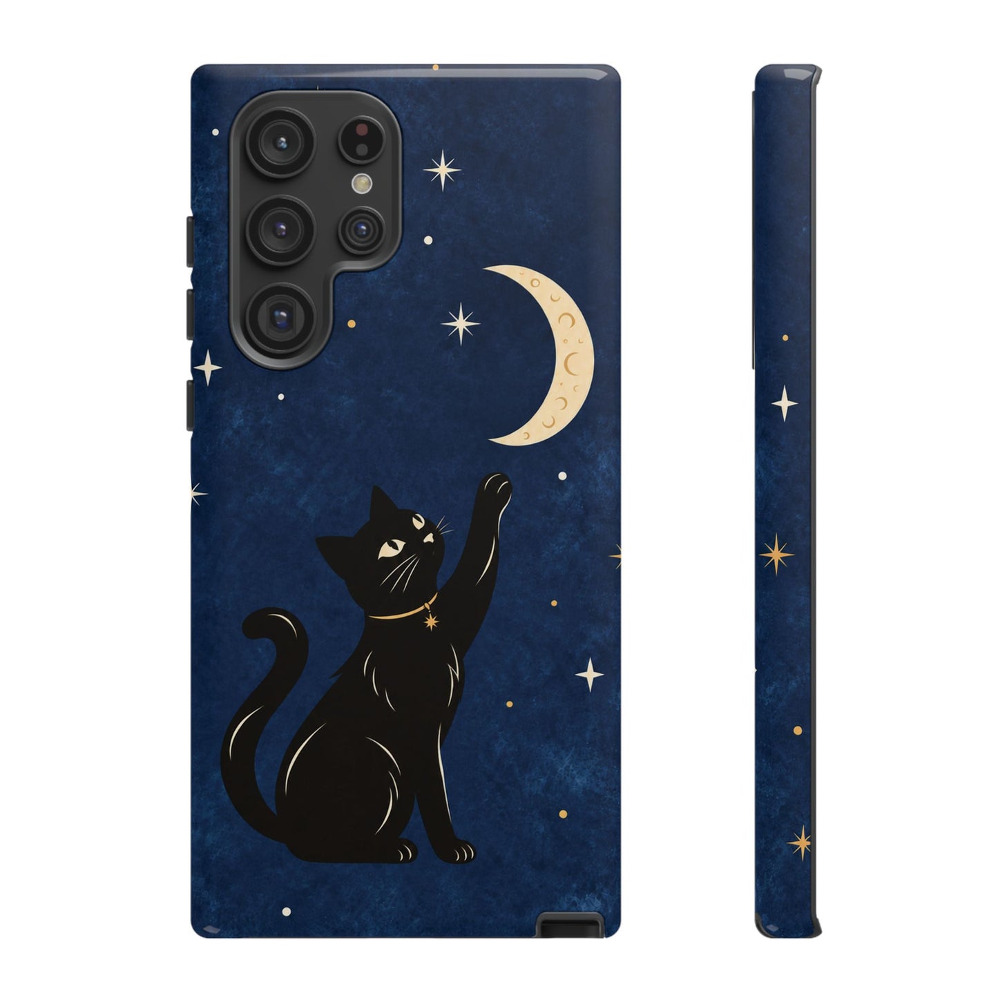 Whimsical Navy Blue Celestial Black Cat Phone Case