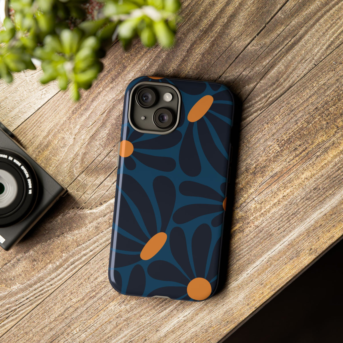 Dark Blue & Orange Daisy Pattern Phone Case - Blue Phone Case
