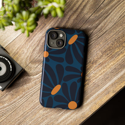 Dark Blue & Orange Daisy Pattern Phone Case - Blue Phone Case