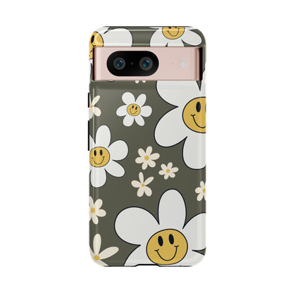 Google Pixel 8 / Glossy Phone Case - Fun Retro Daisy Pattern with Olive Green Background Phone Case