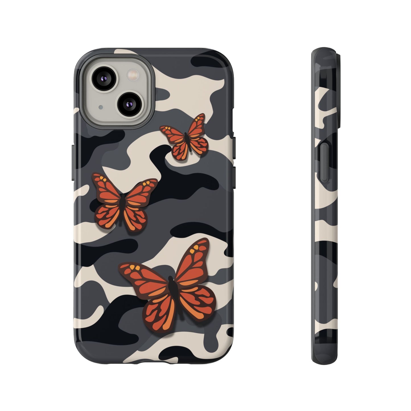 iPhone 14 / Glossy Phone Case - Black & Orange Butterfly Camo Phone Case