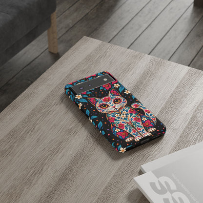 Vibrant Pink and Turquoise Calavera Cat Phone Case - Multicolor Phone Case
