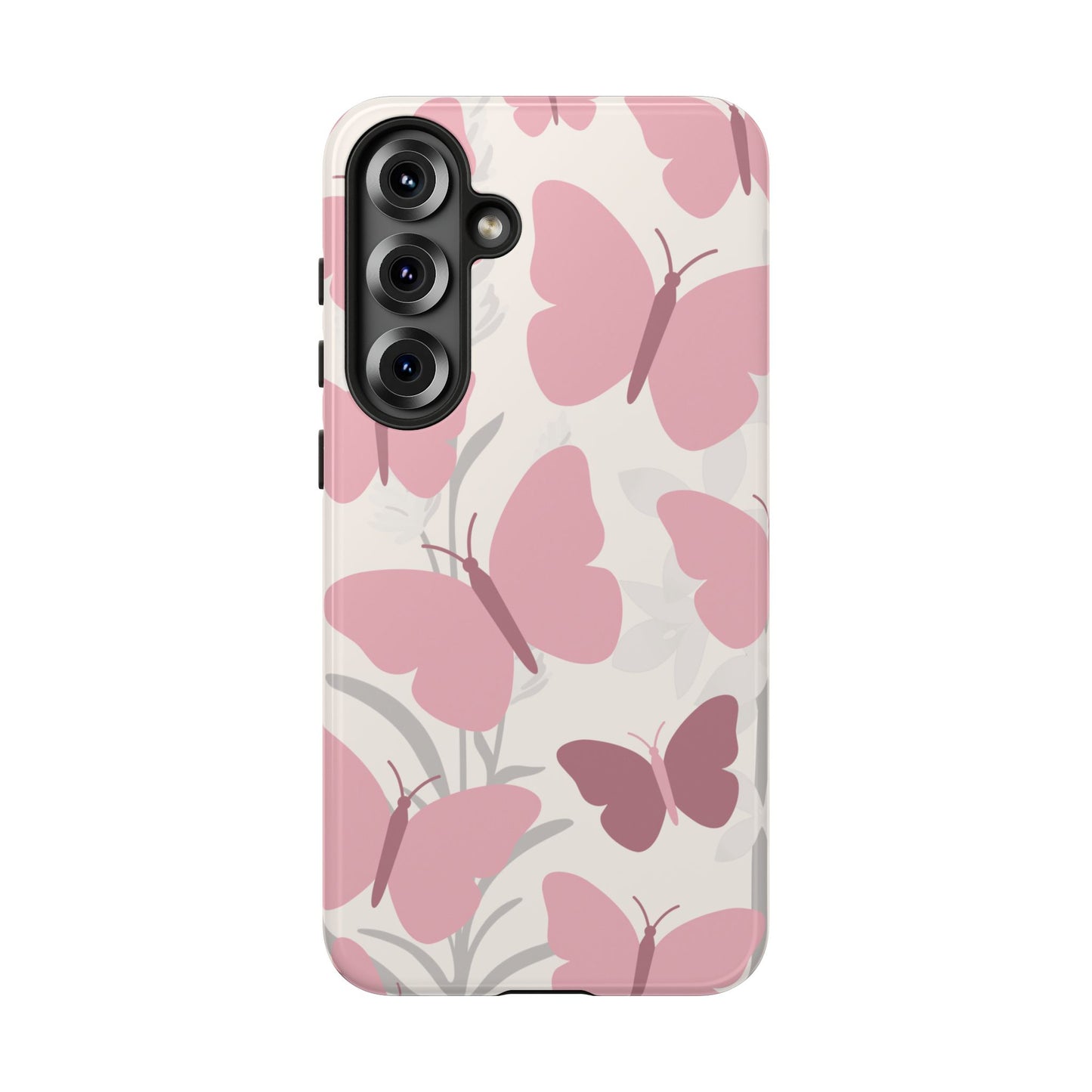 Samsung Galaxy S25 Plus / Glossy Phone Case - Minimalist Cream & Pink Butterfly Pattern Phone Case