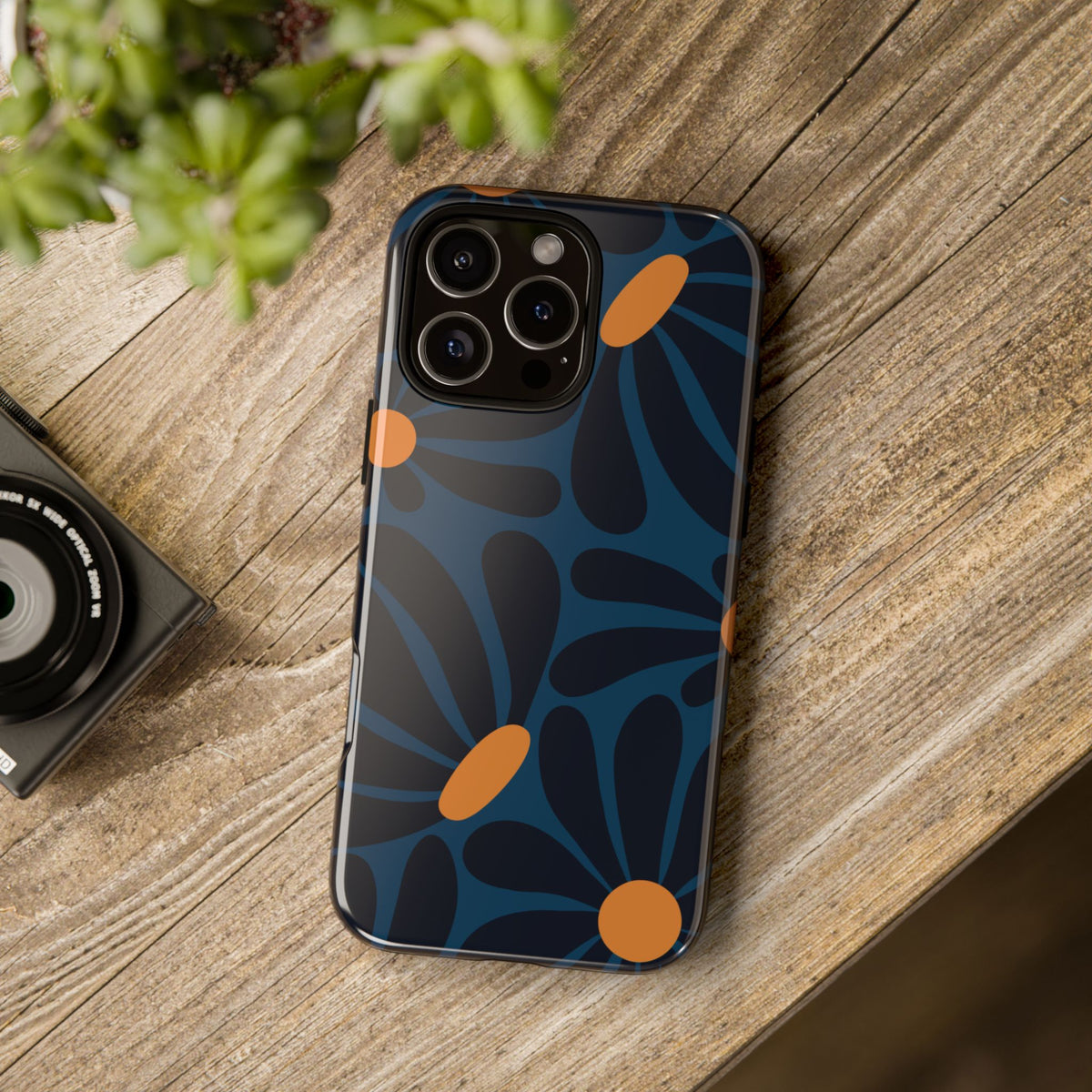 Dark Blue & Orange Daisy Pattern Phone Case - Blue Phone Case