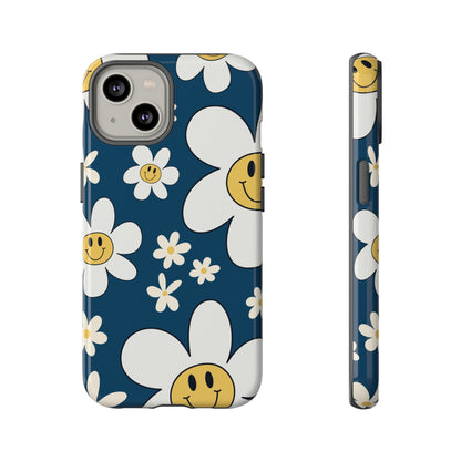 Fun Retro Daisy Pattern with Blue Background Phone Case - Blue Phone Case - iPhone 14 / Glossy