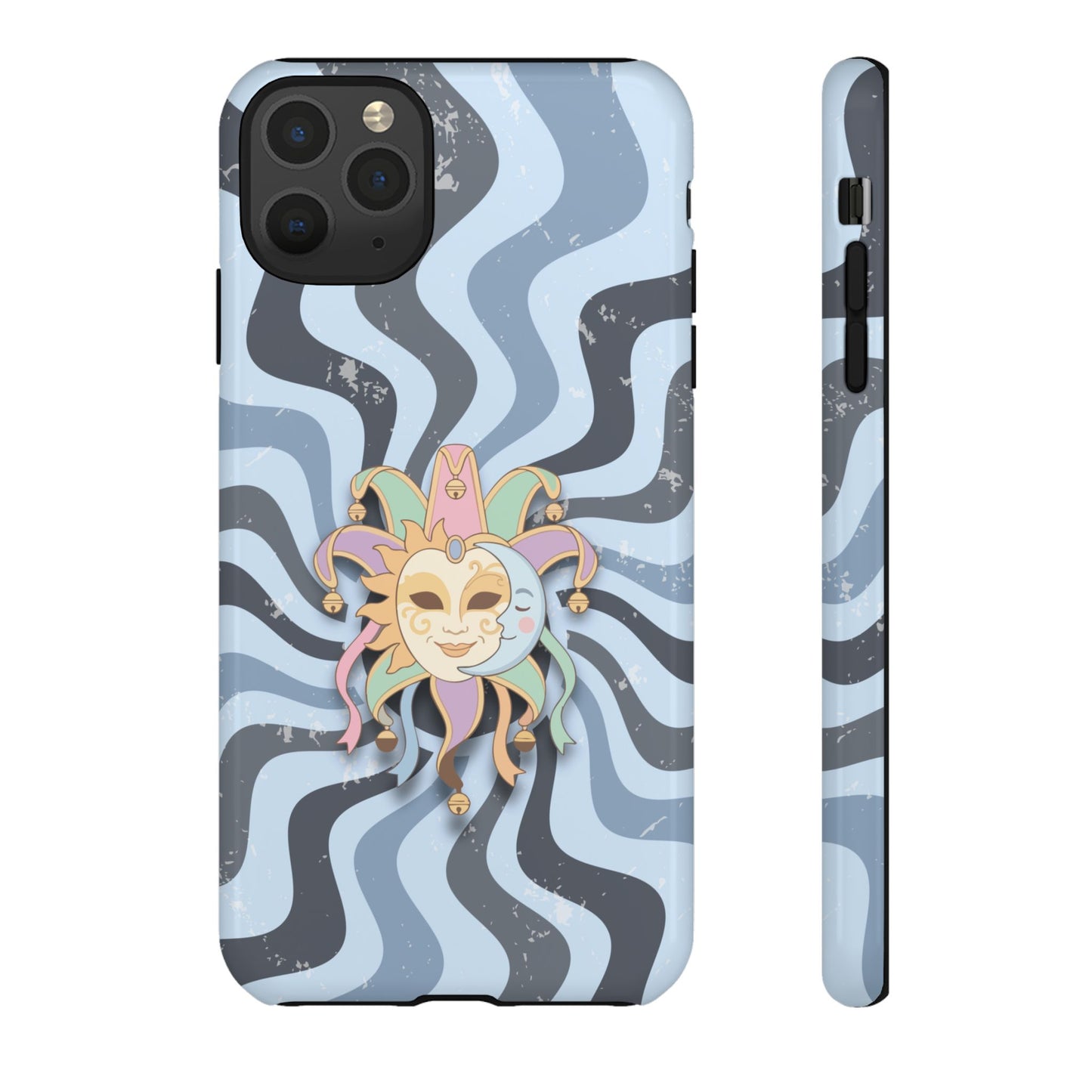 iPhone 11 Pro Max / Glossy Phone Case - Sun & Moon Jester Mask – Blue Retro Wave Phone Case