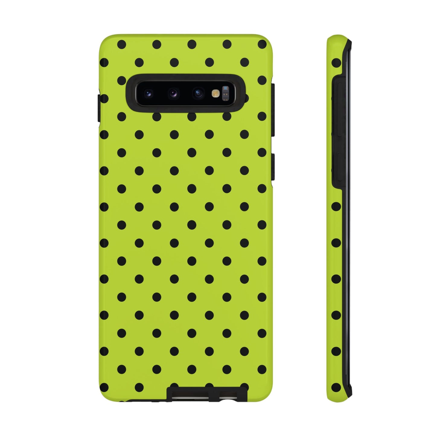 Samsung Galaxy S10 / Glossy Phone Case - Trendy Neon Lime Green & Black Dot Pattern Phone Case