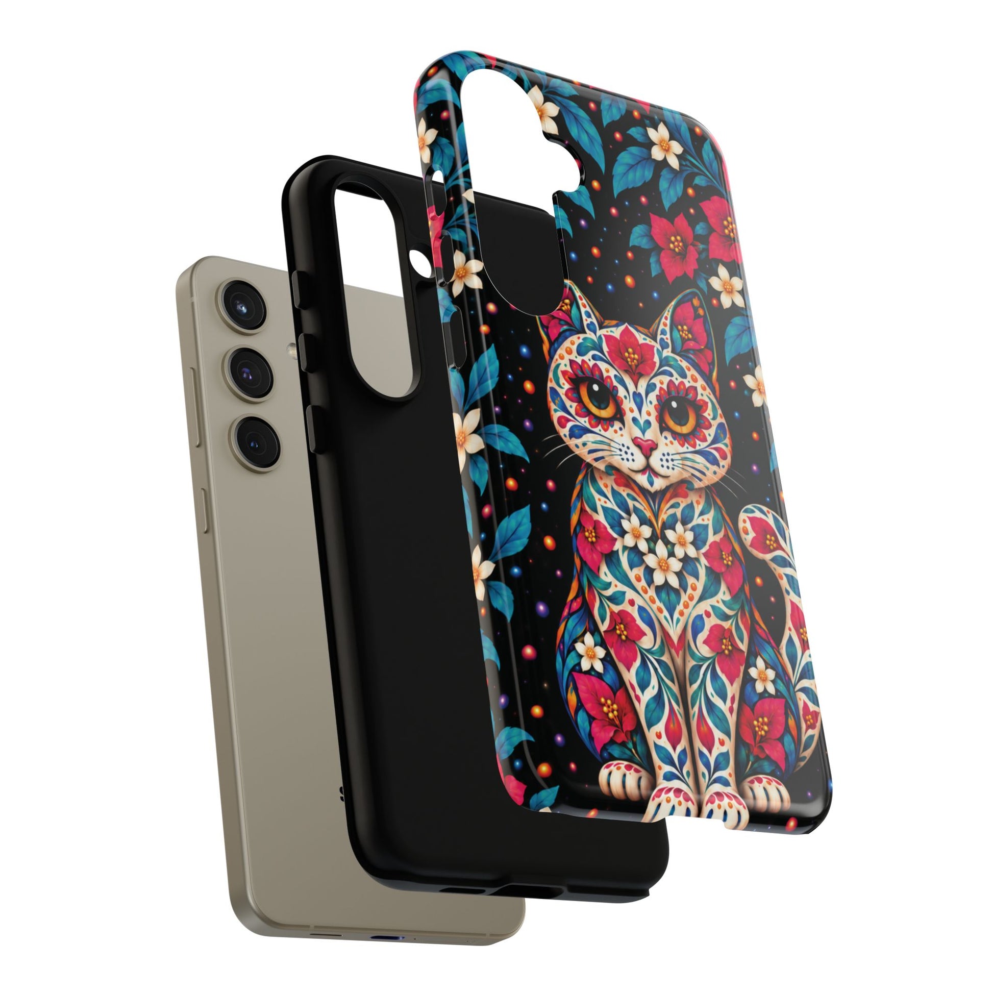Vibrant Pink and Turquoise Calavera Cat Phone Case - Multicolor Phone Case