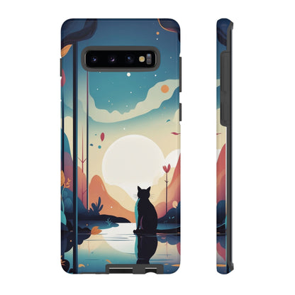 Samsung Galaxy S10 Plus / Glossy Phone Case - Stylised Cat & Moon Design Phone Case