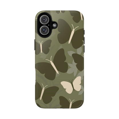 iPhone 16 Plus / Glossy Phone Case - Minimalist Olive Green Butterfly Pattern Phone Case