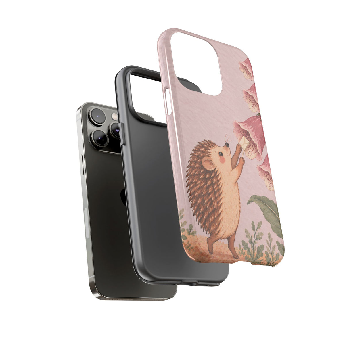 Whimsical Blush Pink Hedgehog and Foxglove Phone Case - Pink Phone Case