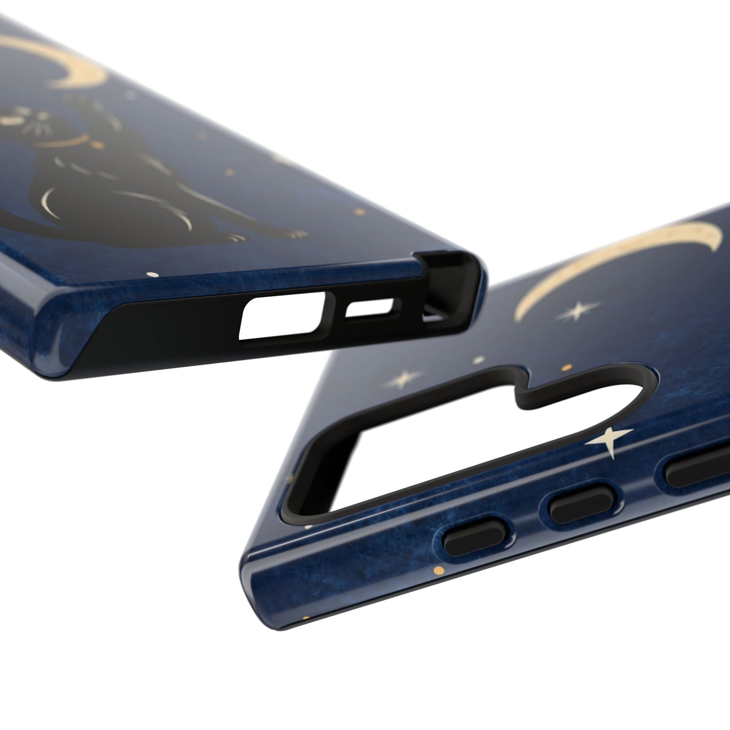 Whimsical Navy Blue Celestial Black Cat Phone Case