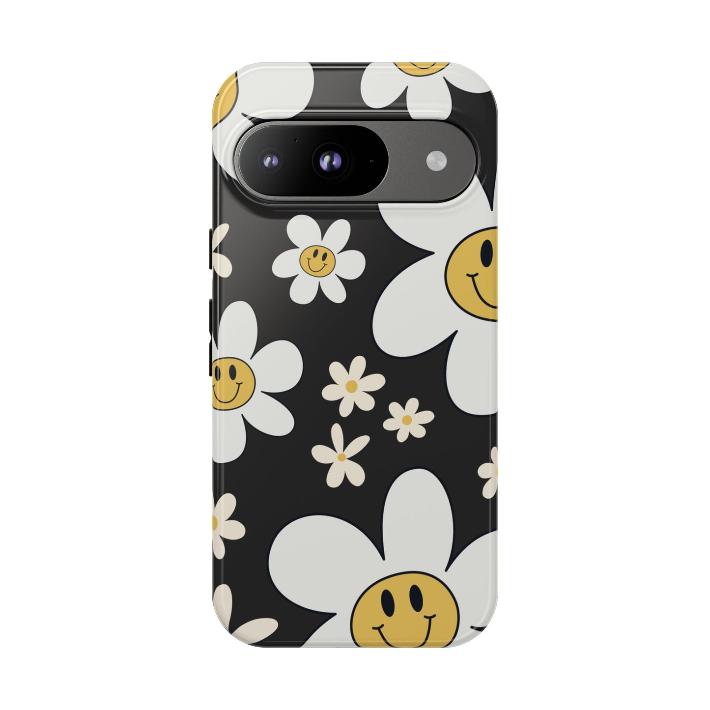 Google Pixel 9 / Glossy Phone Case - Fun Retro Daisy Pattern with Dark Grey Background Phone Case