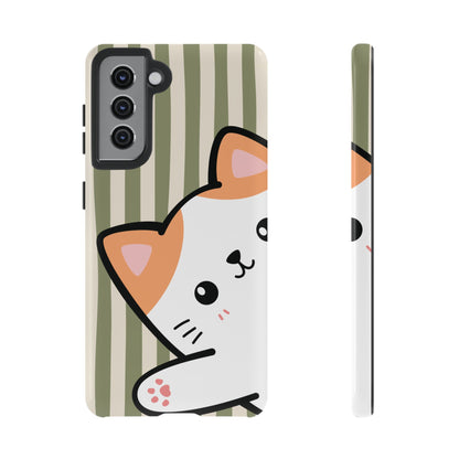 Samsung Galaxy S21 / Glossy Phone Case - Peakaboo Cat with Green Stripe Pattern Phone Case
