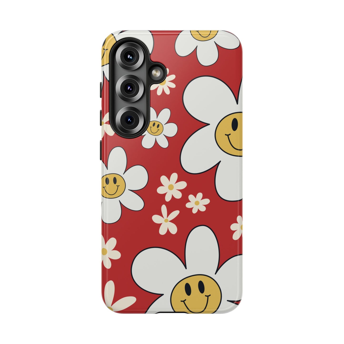 Samsung Galaxy S25 / Glossy Phone Case - Fun Retro Daisy Pattern with Red Background Phone Case