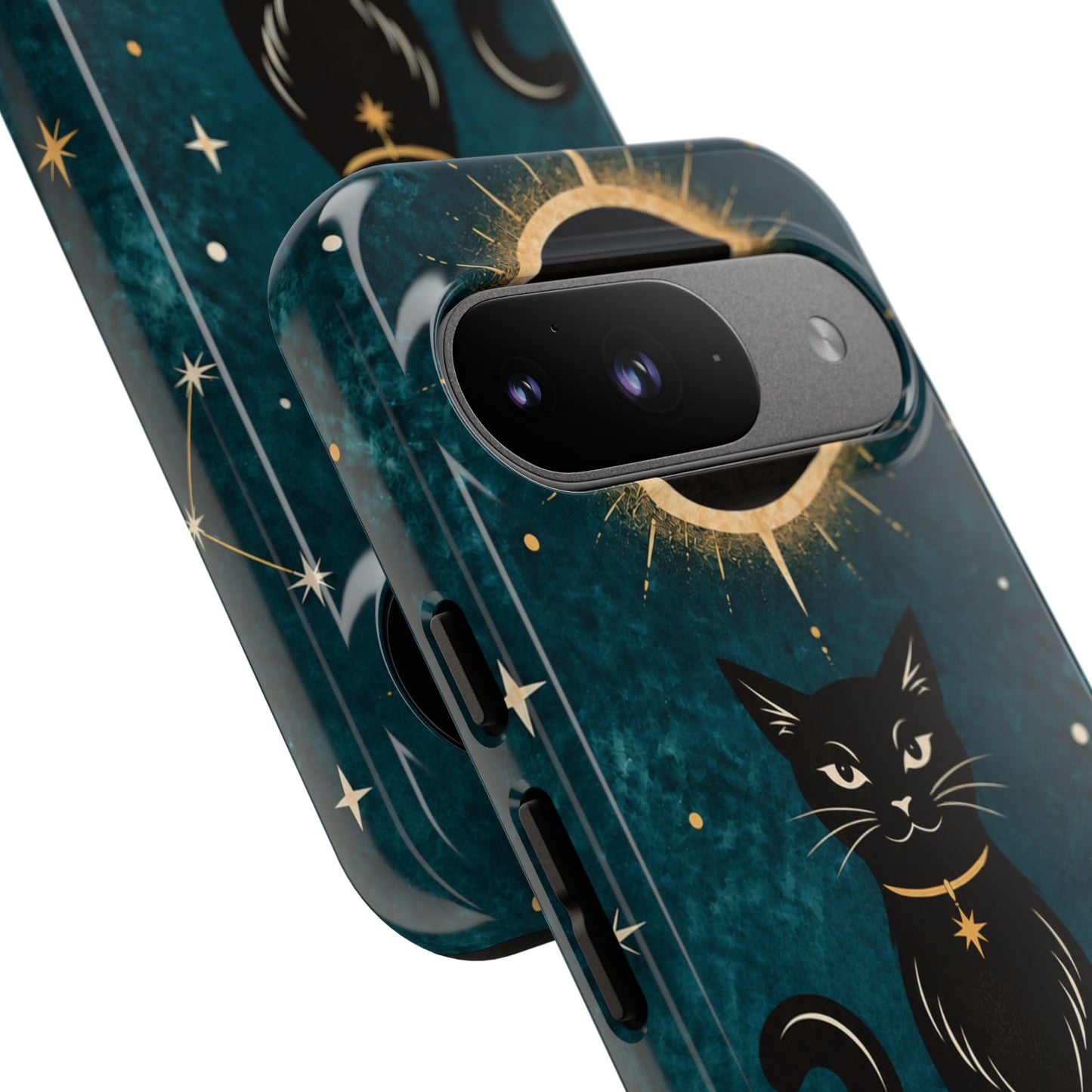 Whimsical Teal Celestial Black Cat Phone Case