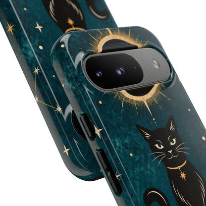 Whimsical Teal Celestial Black Cat Phone Case