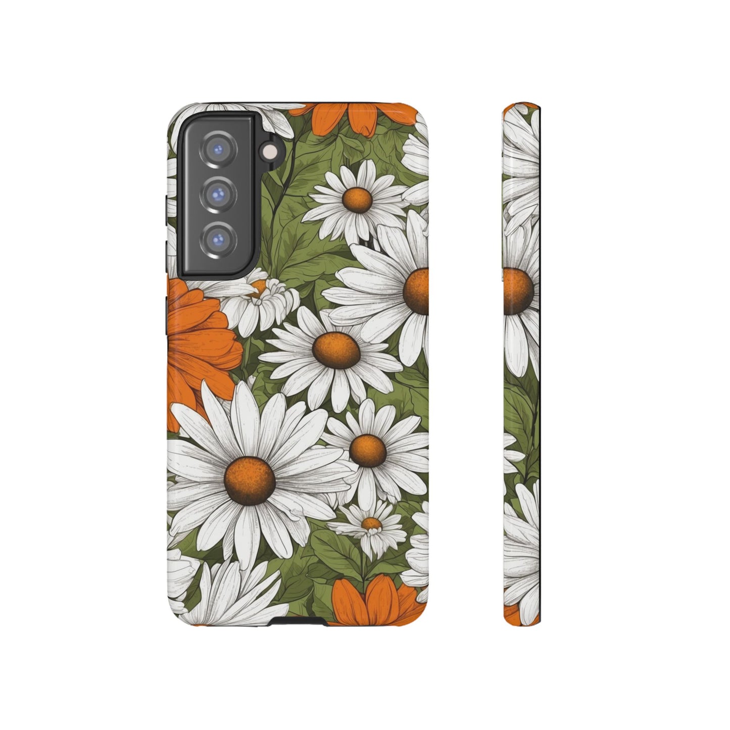 Samsung Galaxy S21 FE / Glossy Phone Case - Boho Chic Daisies Floral Pattern ’White Orange & Green’ Phone Case