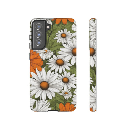 Samsung Galaxy S21 FE / Glossy Phone Case - Boho Chic Daisies Floral Pattern ’White Orange & Green’ Phone Case
