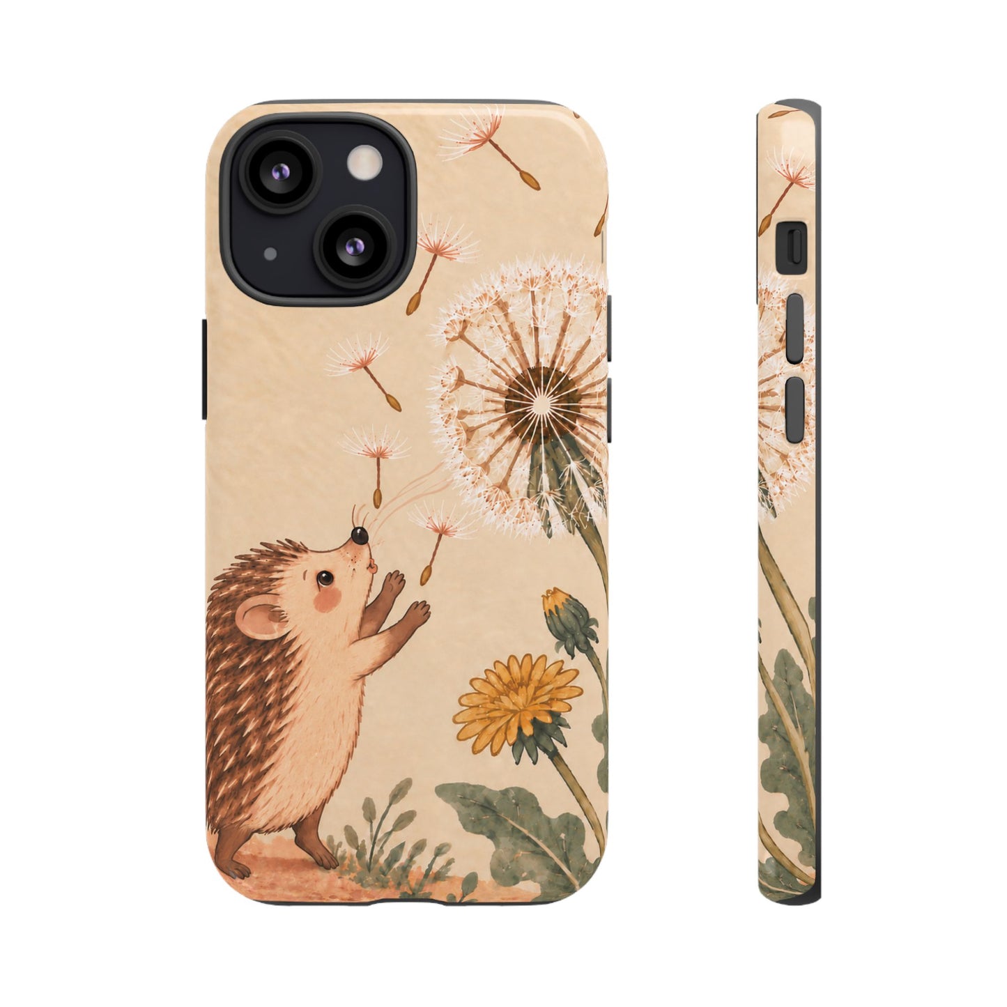 Whimsical Cream Hedgehog and Dandelion Phone Case - White Phone Case - iPhone 13 Mini / Glossy