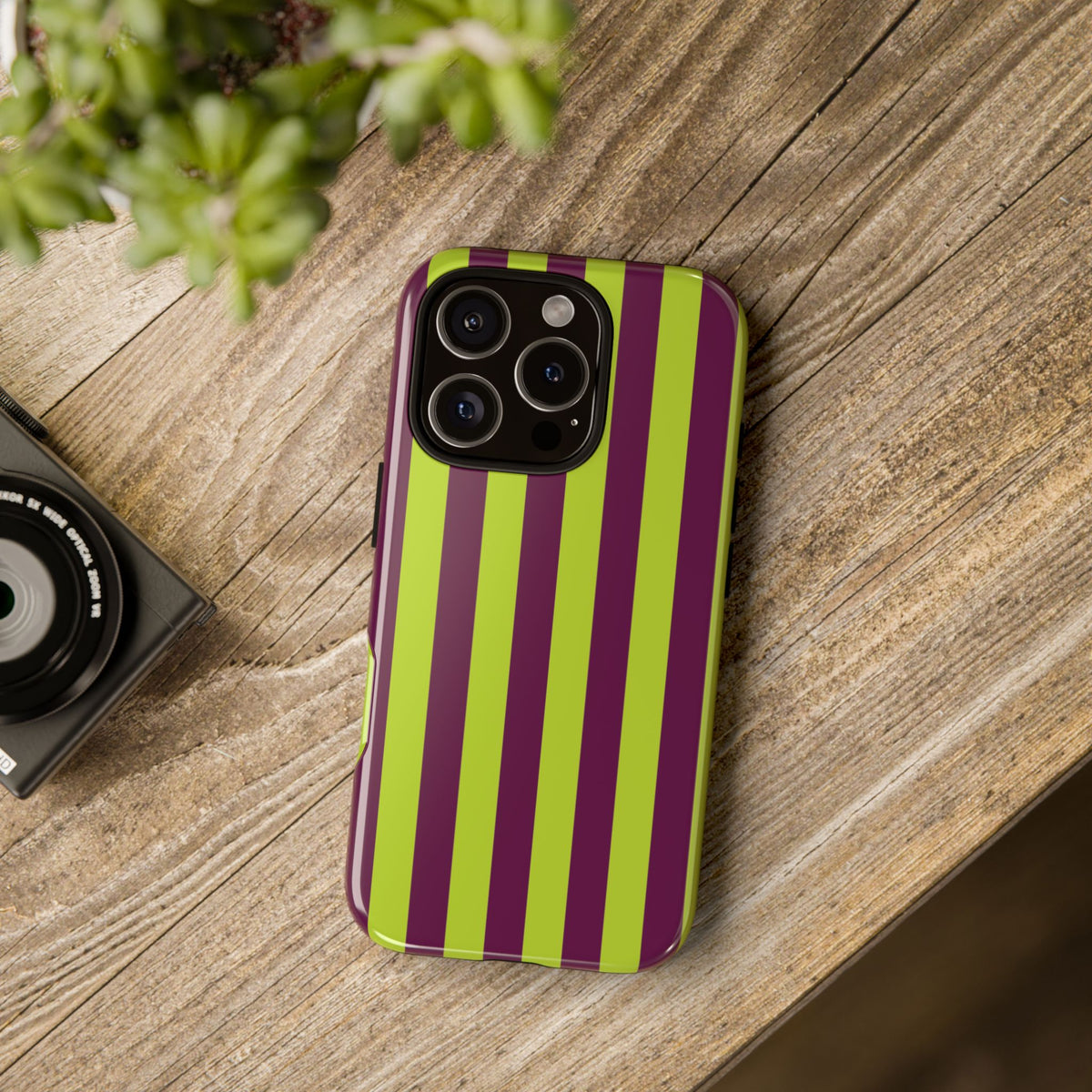 Trendy Neon Lime Green & Plum Stripe Pattern Phone Case - Green Phone Case