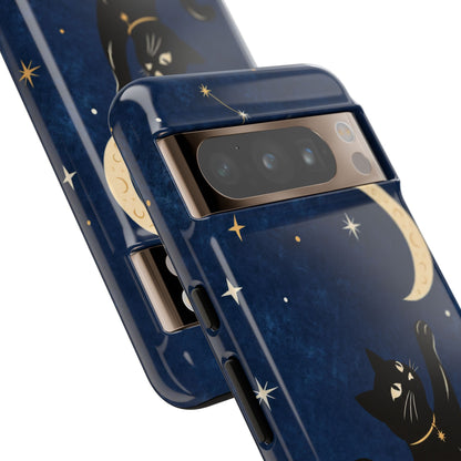 Whimsical Navy Blue Celestial Black Cat Phone Case