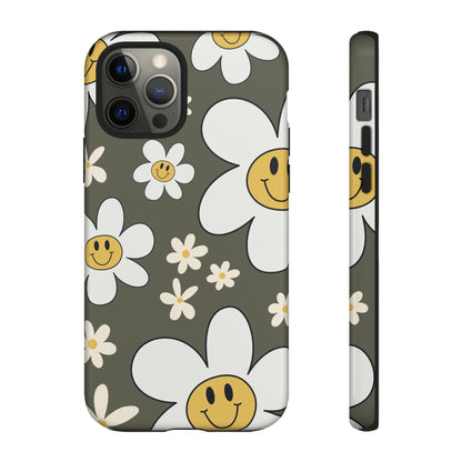 iPhone 12 Pro / Glossy Phone Case - Fun Retro Daisy Pattern with Olive Green Background Phone Case