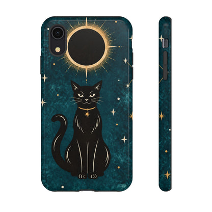 Whimsical Teal Celestial Black Cat Phone Case