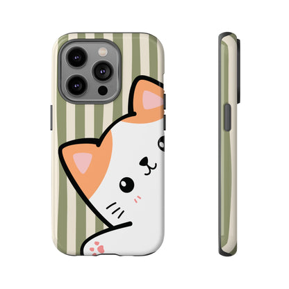 iPhone 14 Pro / Glossy Phone Case - Peakaboo Cat with Green Stripe Pattern Phone Case