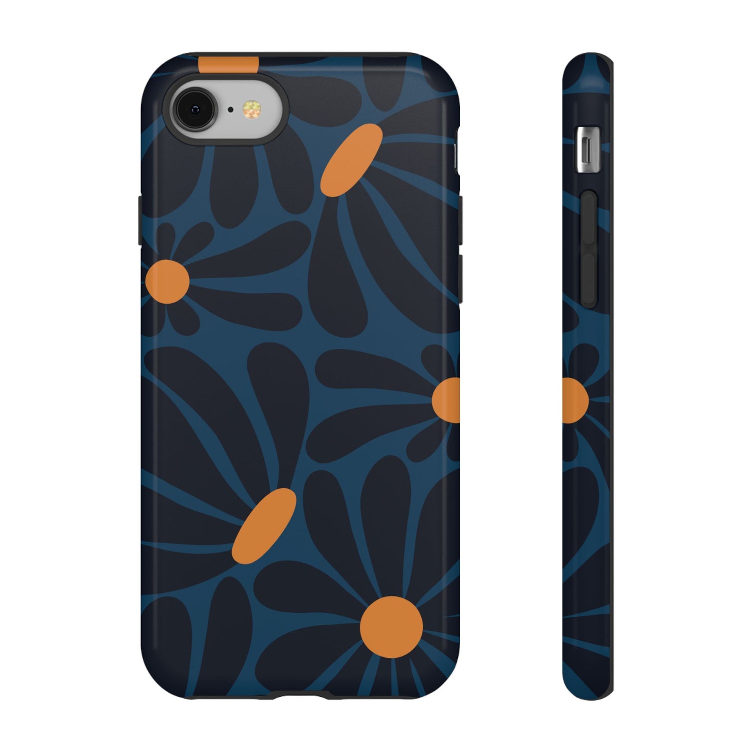 iPhone 8 / Glossy Phone Case - ’Dark Blue & Orange Daisy Pattern’ Phone Case