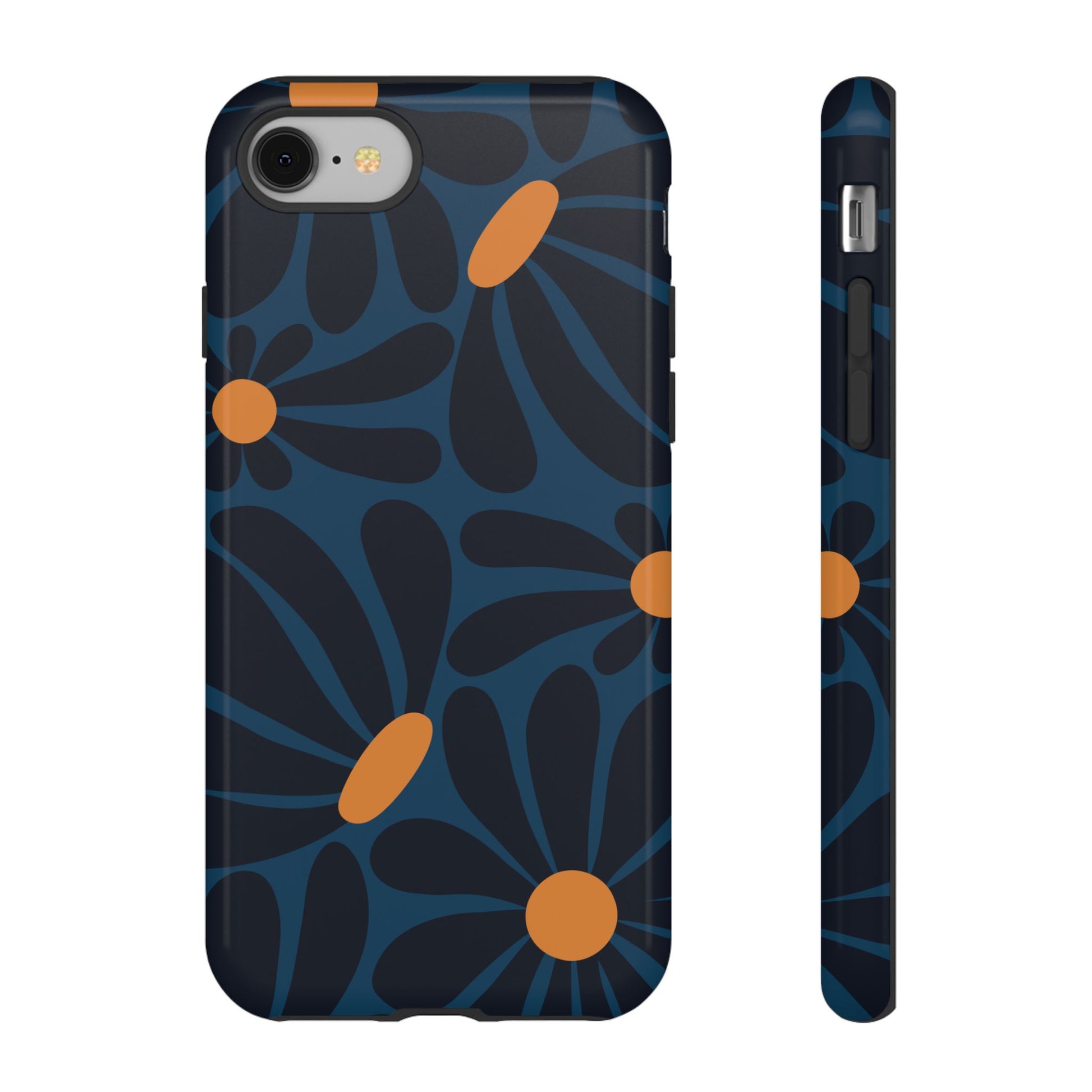 Dark Blue & Orange Daisy Pattern Phone Case - Blue Phone Case - iPhone 8 / Glossy