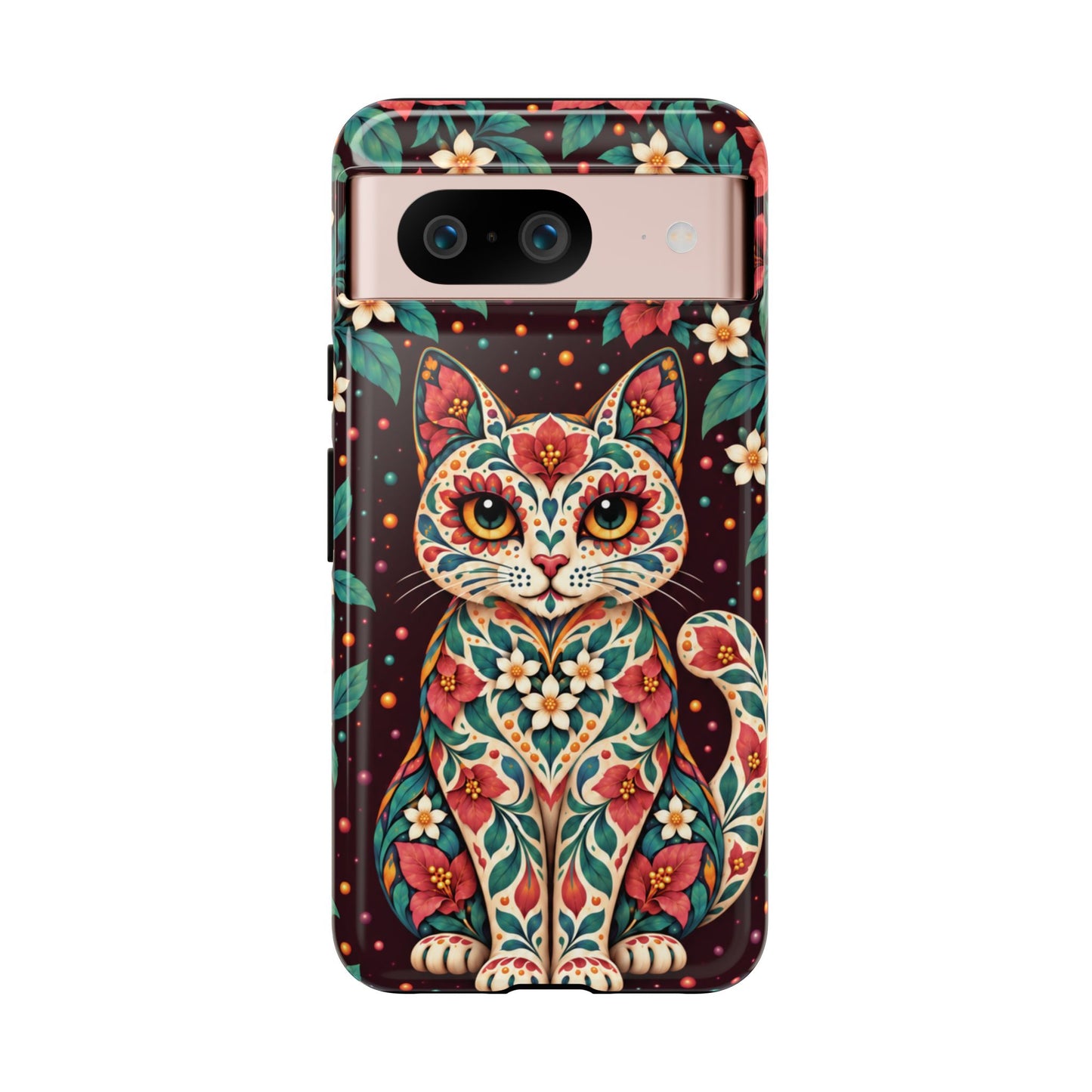 Vibrant Terracotta and Teal Calavera Cat Phone Case - Multicolor Phone Case - Google Pixel 8 / Glossy