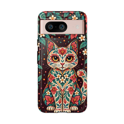 Vibrant Terracotta and Teal Calavera Cat Phone Case - Multicolor Phone Case - Google Pixel 8 / Glossy