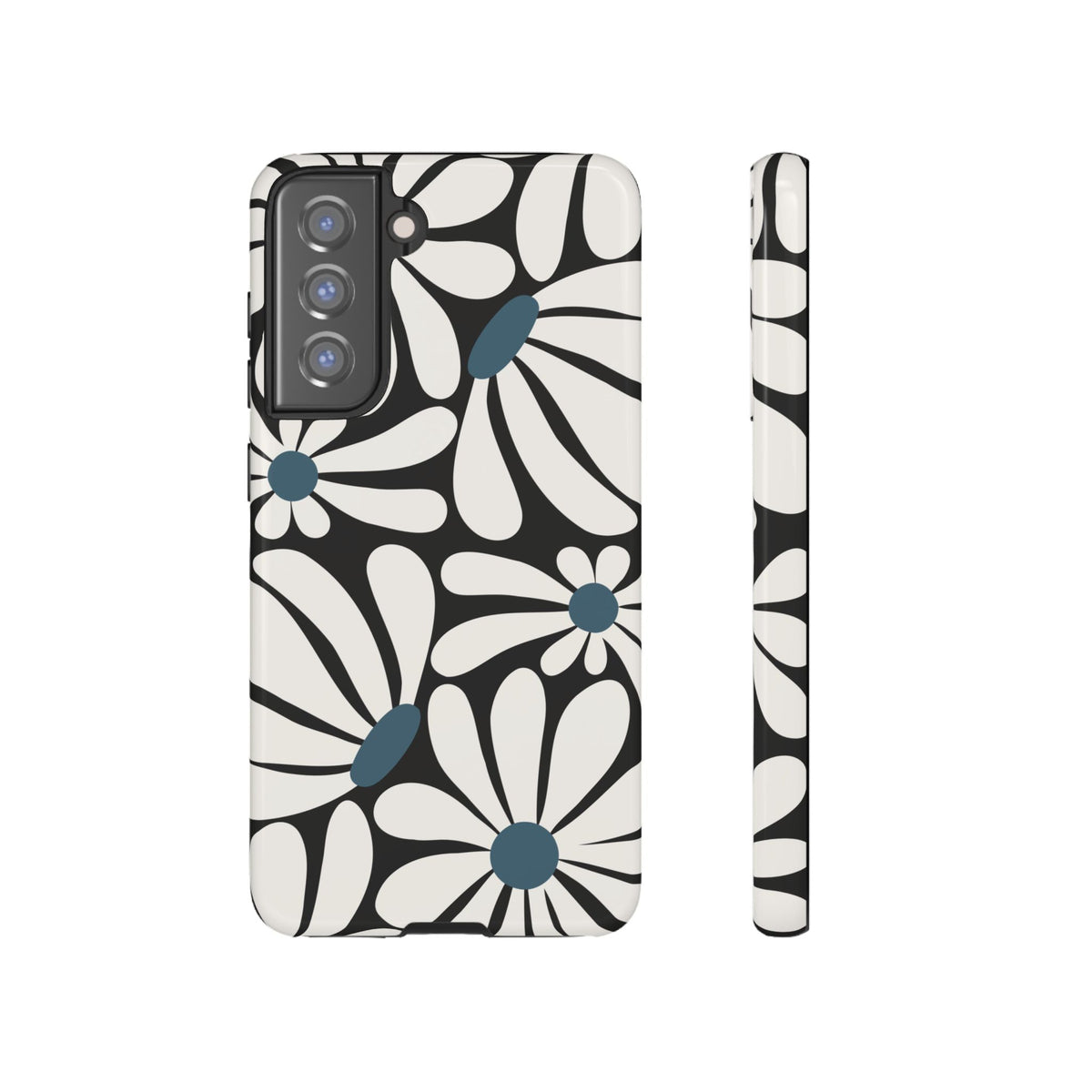 Retro Black Daisy Pattern Phone Case - Black Phone Case - Samsung Galaxy S21 FE / Glossy