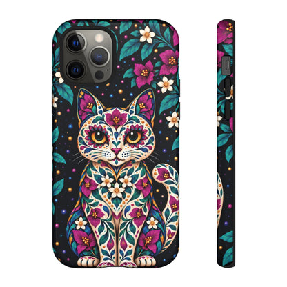 Vibrant Purple and Teal Calavera Cat Phone Case - Multicolor Phone Case - iPhone 12 Pro / Glossy