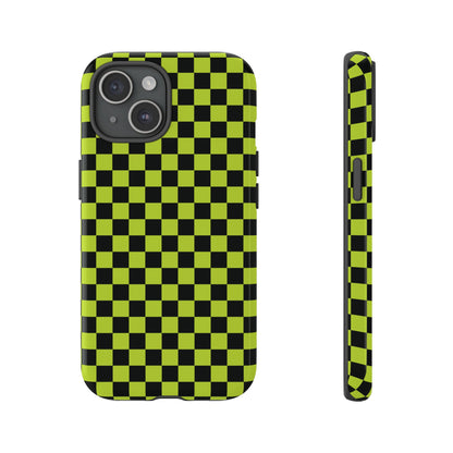iPhone 15 / Glossy Phone Case - Trendy Neon Lime Green & Plum Small Checked Pattern Phone Case