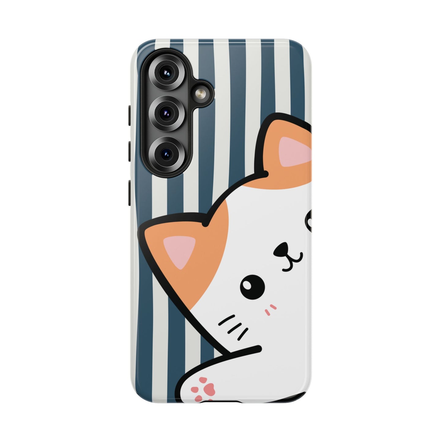 Playful Peakaboo Cat with Blue Stripe Pattern Phone Case - Blue Phone Case - Samsung Galaxy S25 / Glossy