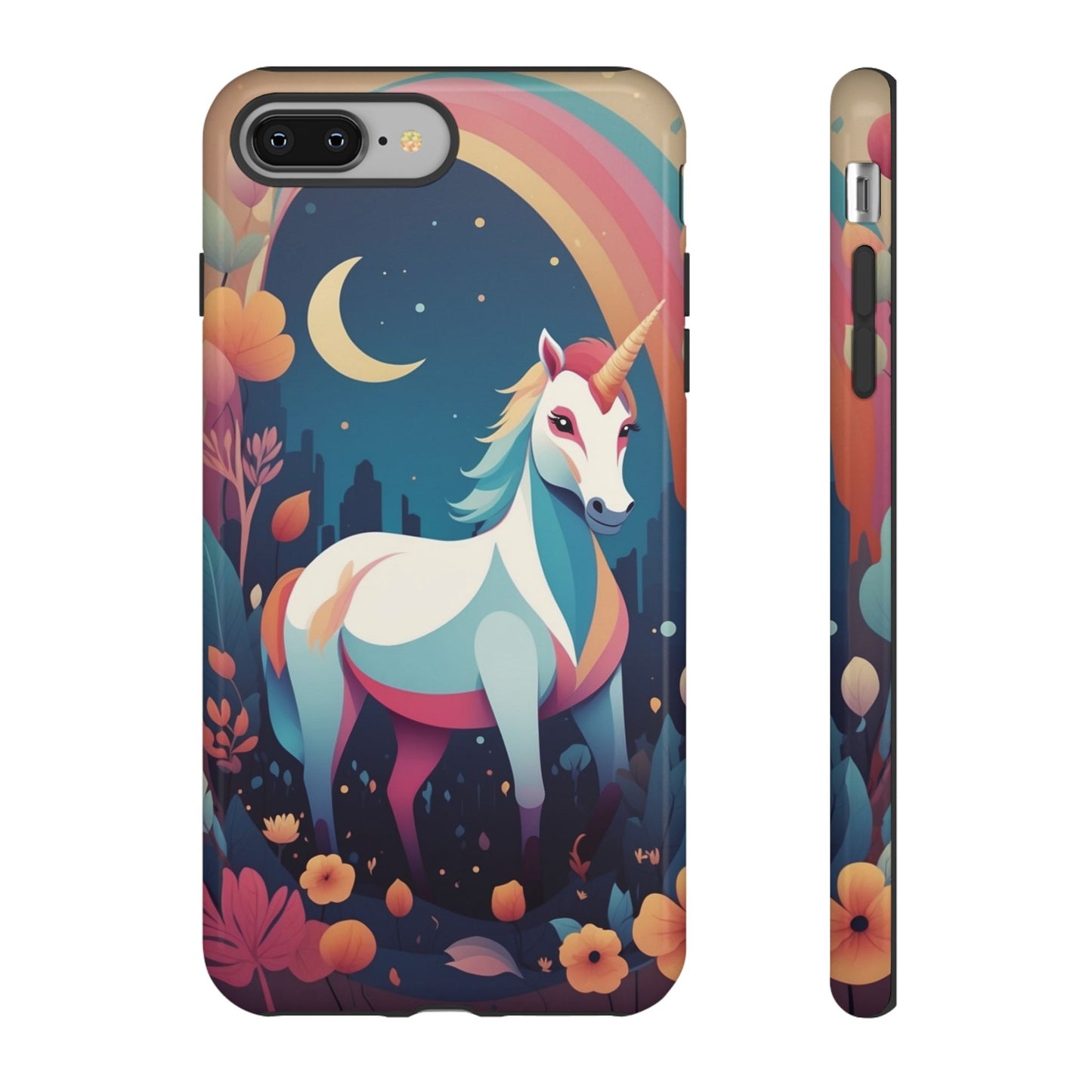 iPhone 8 Plus / Glossy Phone Case - Stylised Unicorn & Rainbow Design Phone Case