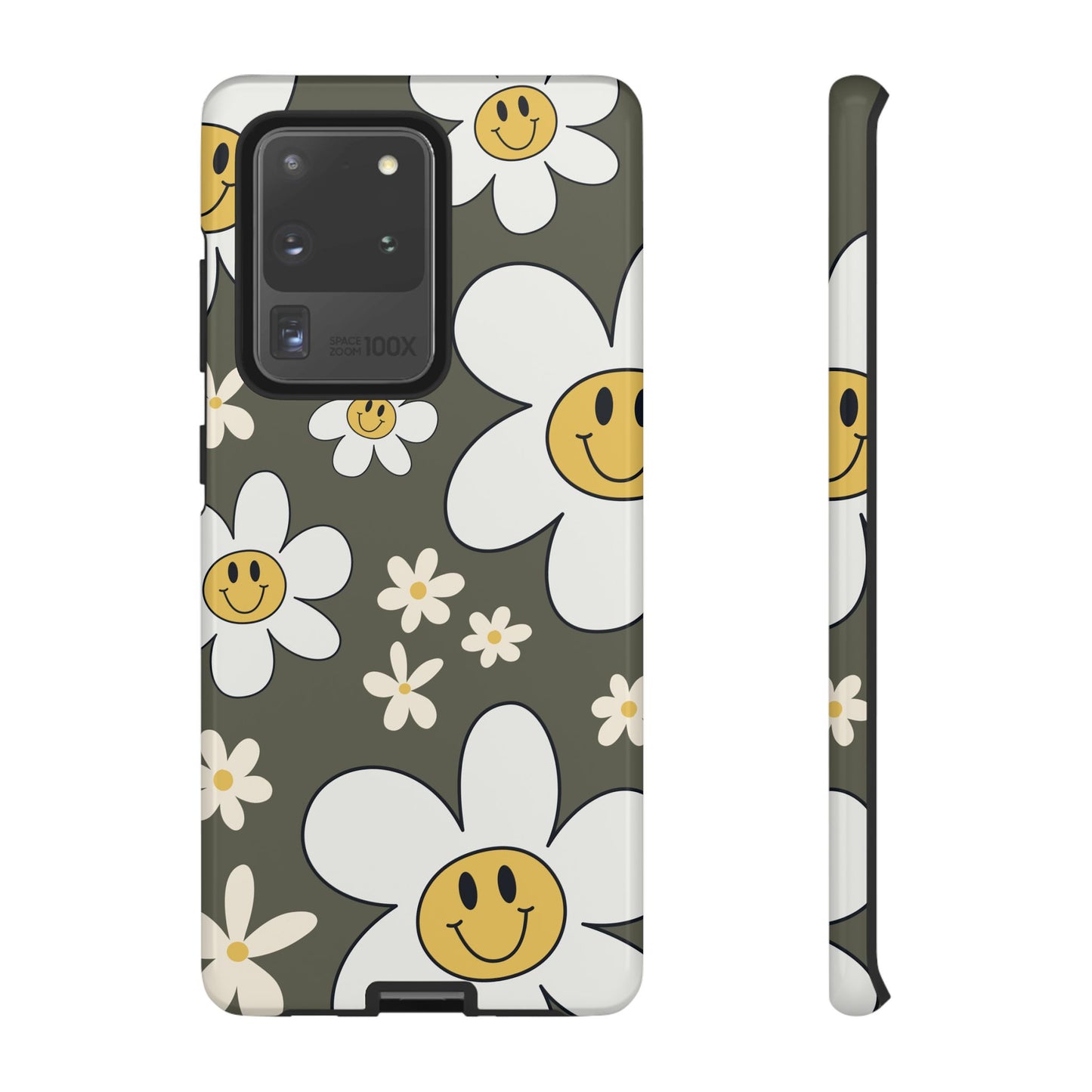 Samsung Galaxy S20 Ultra / Glossy Phone Case - Fun Retro Daisy Pattern with Olive Green Background Phone Case