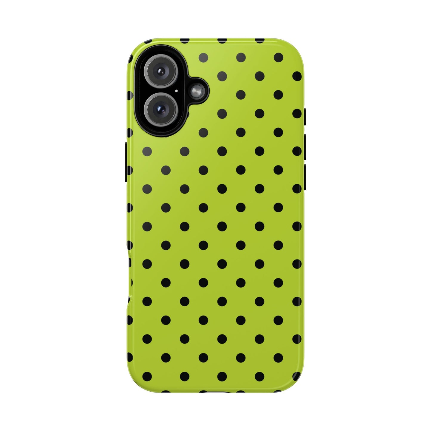 iPhone 16 Plus / Glossy Phone Case - Trendy Neon Lime Green & Black Dot Pattern Phone Case