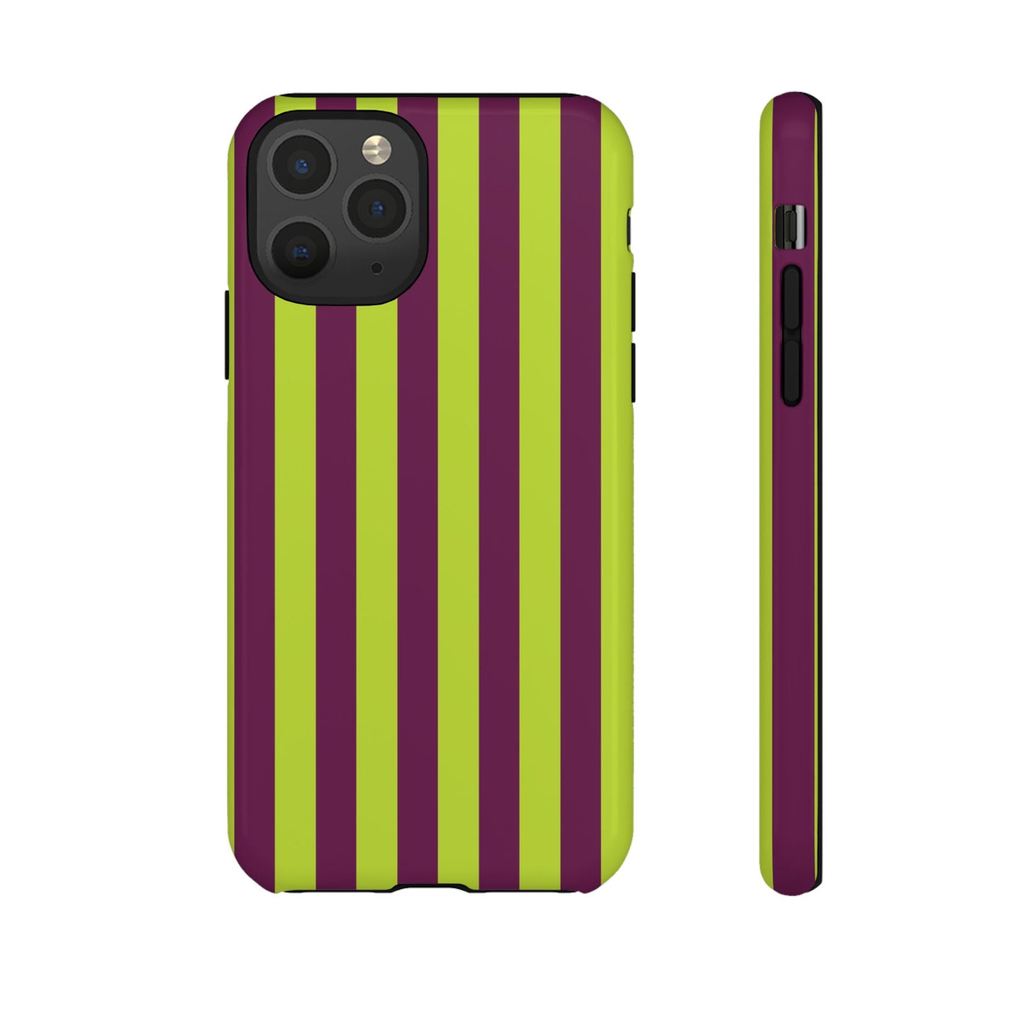 iPhone 11 Pro / Glossy Phone Case - Trendy Neon Lime Green & Plum Stripe Pattern Phone Case