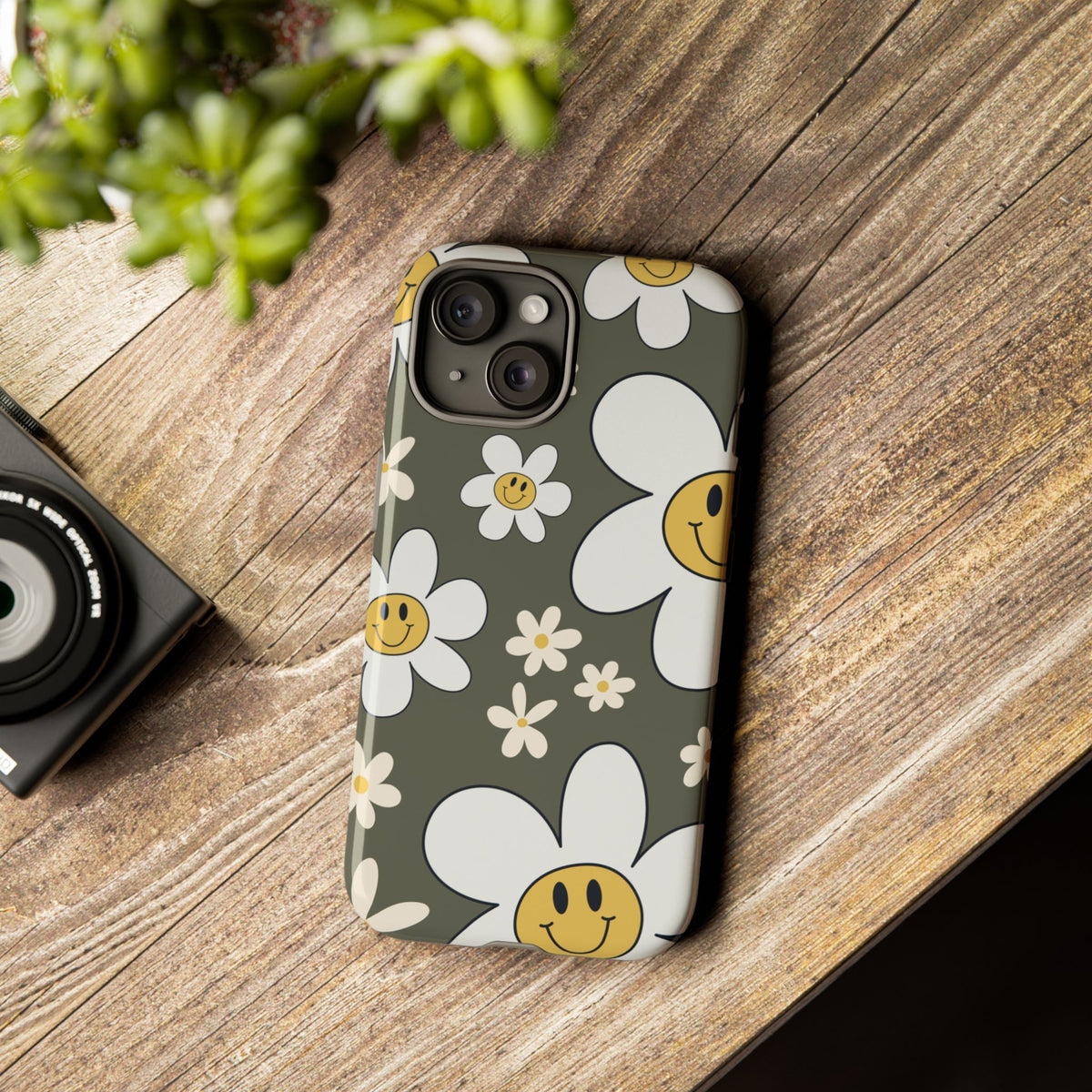 Fun Retro Daisy Pattern with Olive Green Background Phone Case - Green Phone Case