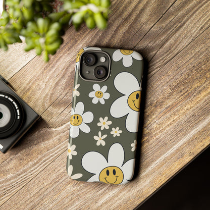 Fun Retro Daisy Pattern with Olive Green Background Phone Case - Green Phone Case