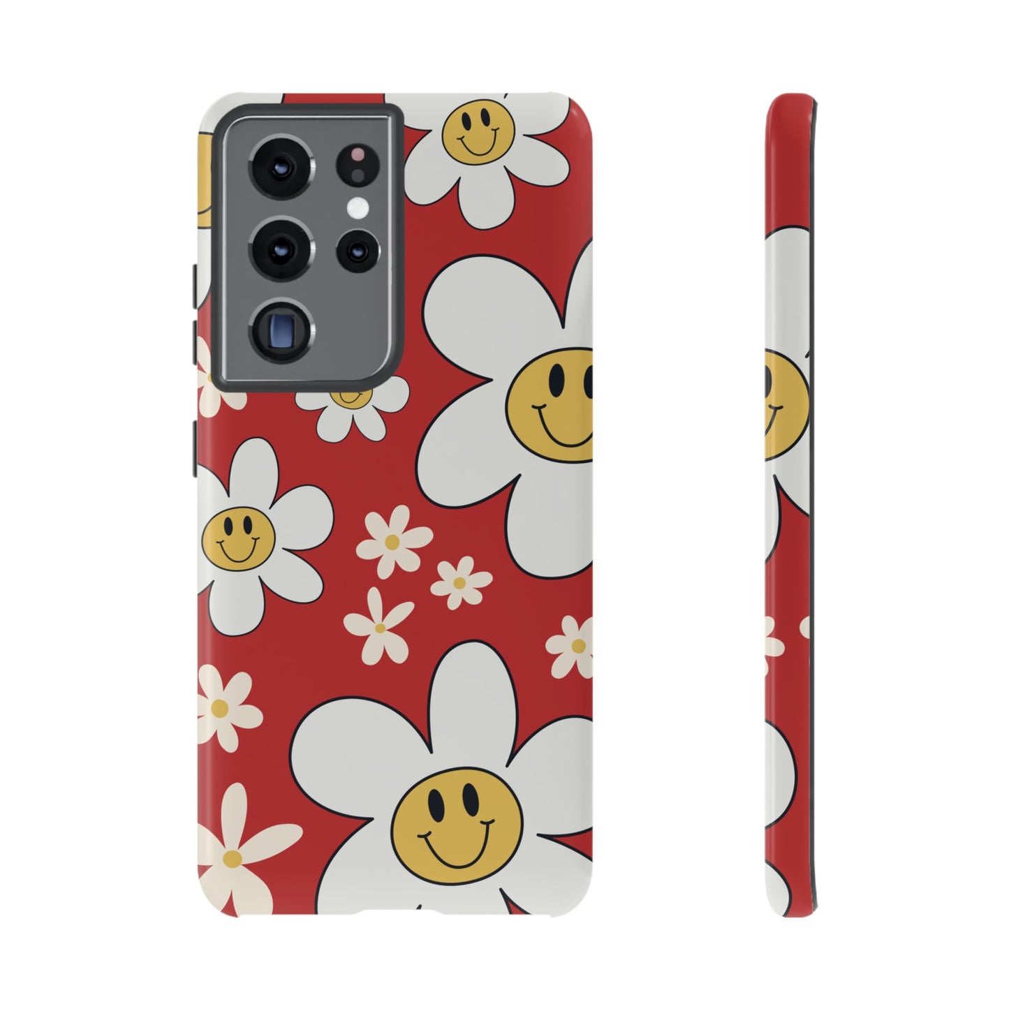 Samsung Galaxy S21 Ultra / Glossy Phone Case - Fun Retro Daisy Pattern with Red Background Phone Case