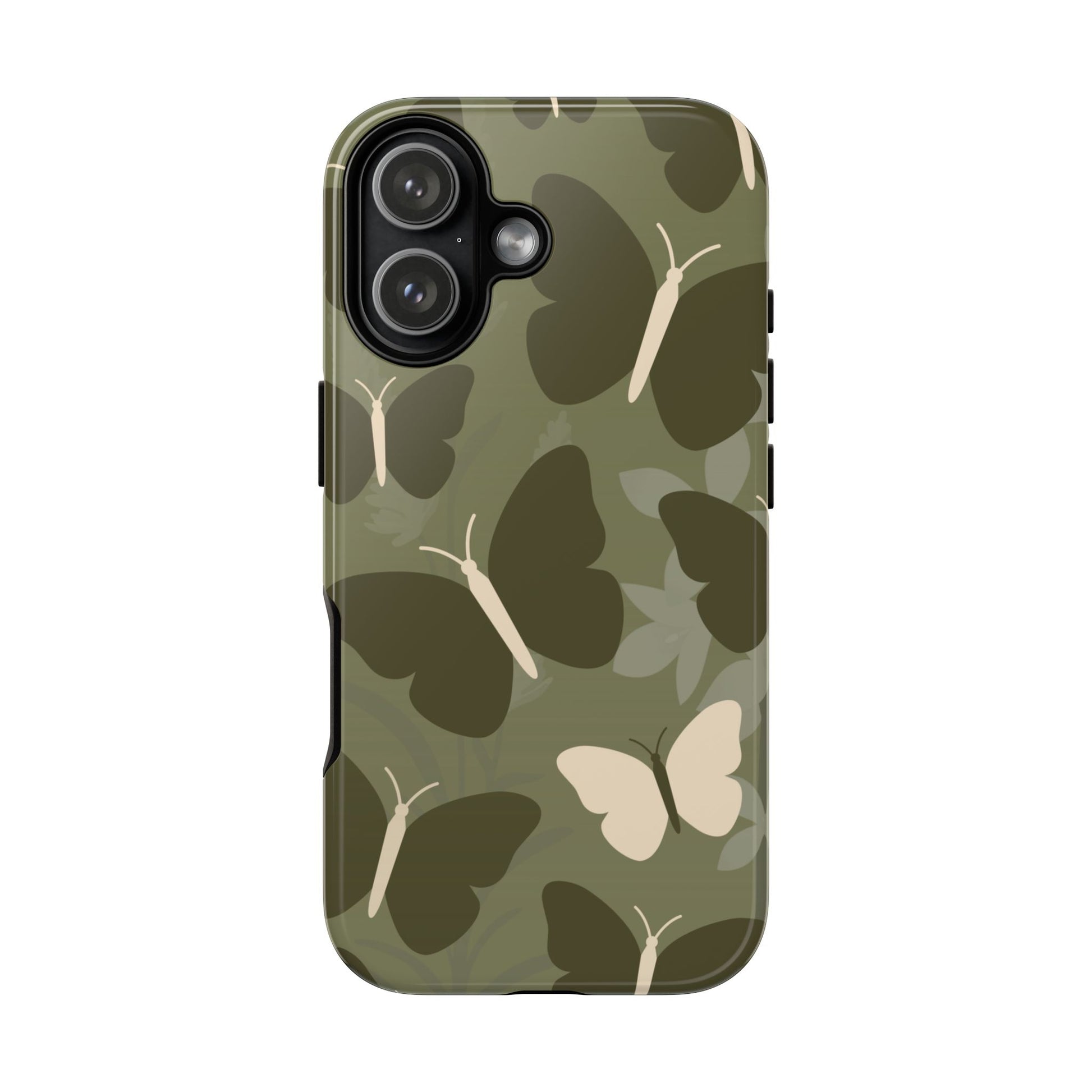 iPhone 17 / Glossy Phone Case - Minimalist Olive Green Butterfly Pattern Phone Case