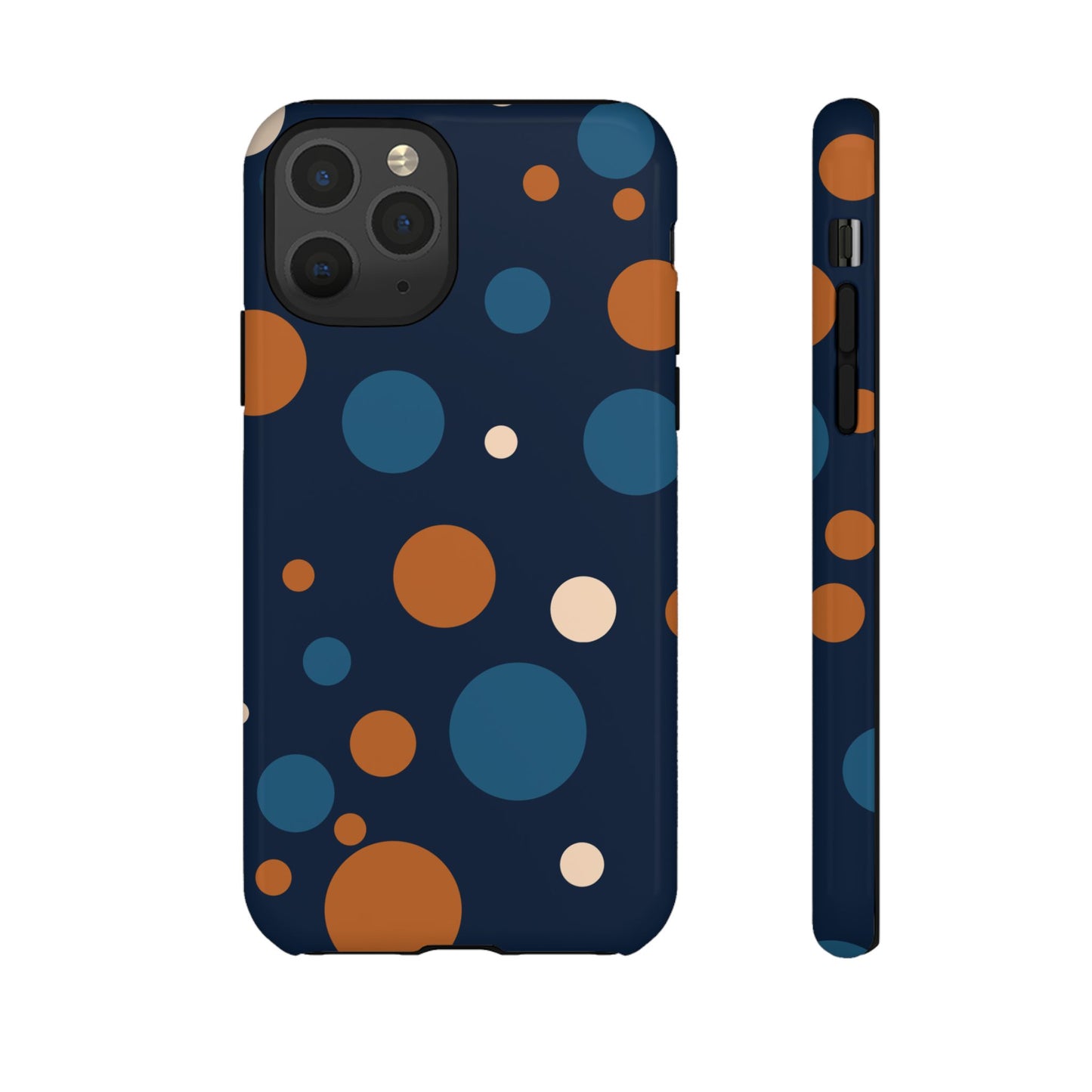 iPhone 11 Pro / Glossy Phone Case - ’Bold Navy Blue & Orange / White Dot Pattern’ Phone Case