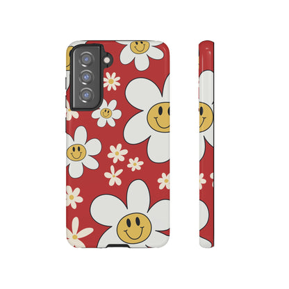 Samsung Galaxy S21 FE / Glossy Phone Case - Fun Retro Daisy Pattern with Red Background Phone Case