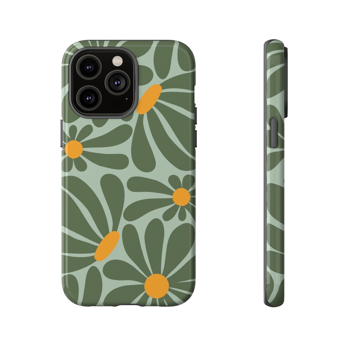 iPhone 14 Pro Max / Glossy Phone Case - Retro Green Daisy Pattern Phone Case